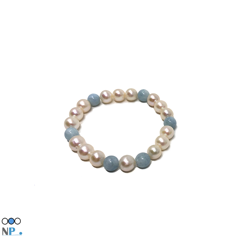 Elegant bracelet de perles de culture d'eau douce blanches avec Aigues Marine